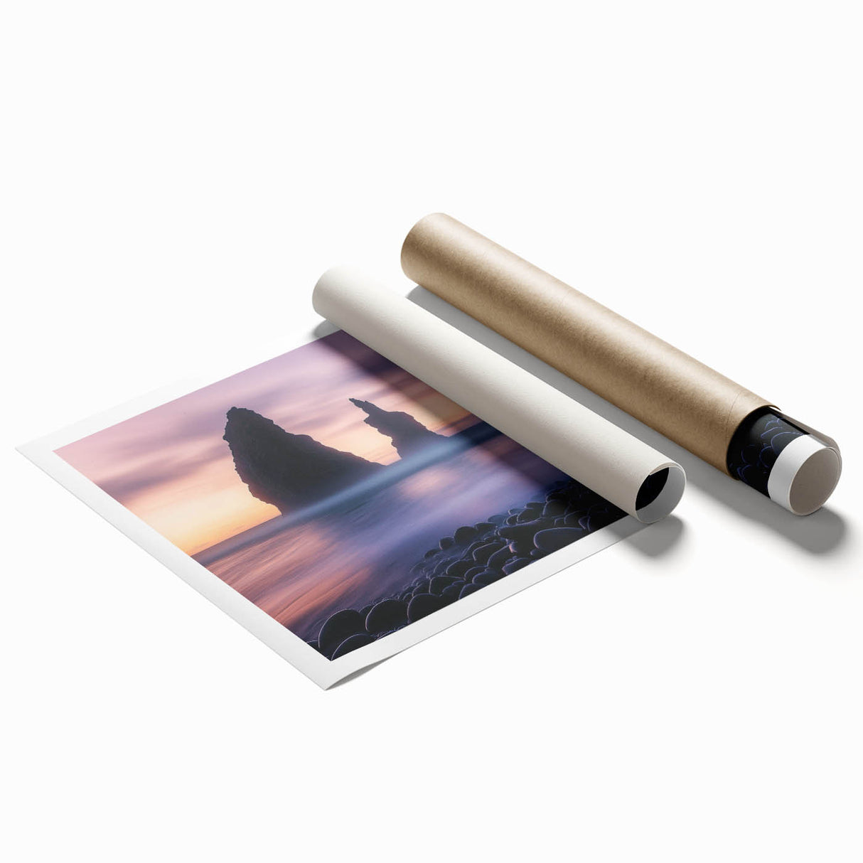 Stunning landscape print showcasing vibrant cliffs and rolling hills, rolled and secured in a protective cardboard tube, perfect for home decor enthusiasts.