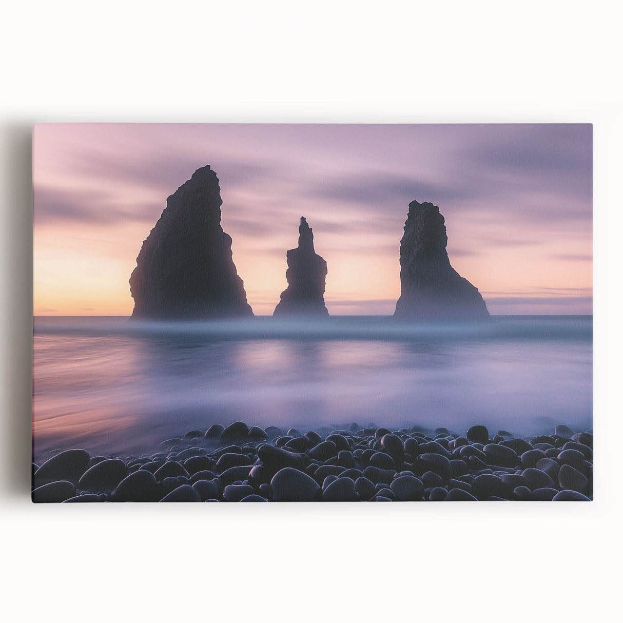 Stretched canvas print showcasing a breathtaking landscape of rugged cliffs under a vibrant sunset, ideal for home decor or artistic inspiration. Perfect for nature lovers and art enthusiasts.