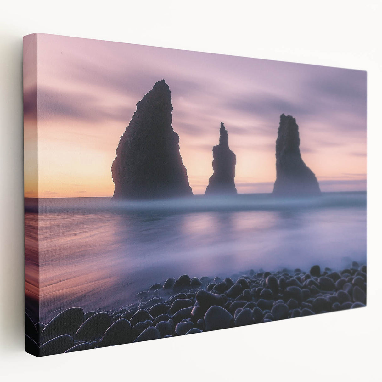Stretched canvas artwork depicting a breathtaking landscape of dramatic cliffs against a vibrant sky, showcasing rich colors and intricate details for home decor.