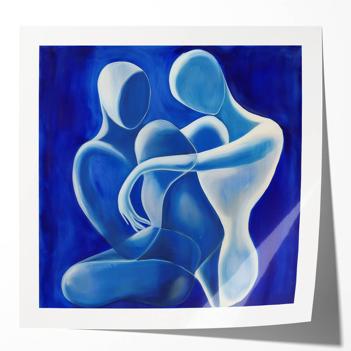 Abstract figurative art print mockup showcasing vibrant colors and dynamic shapes on a glossy surface, set against a minimalist background for a modern aesthetic.