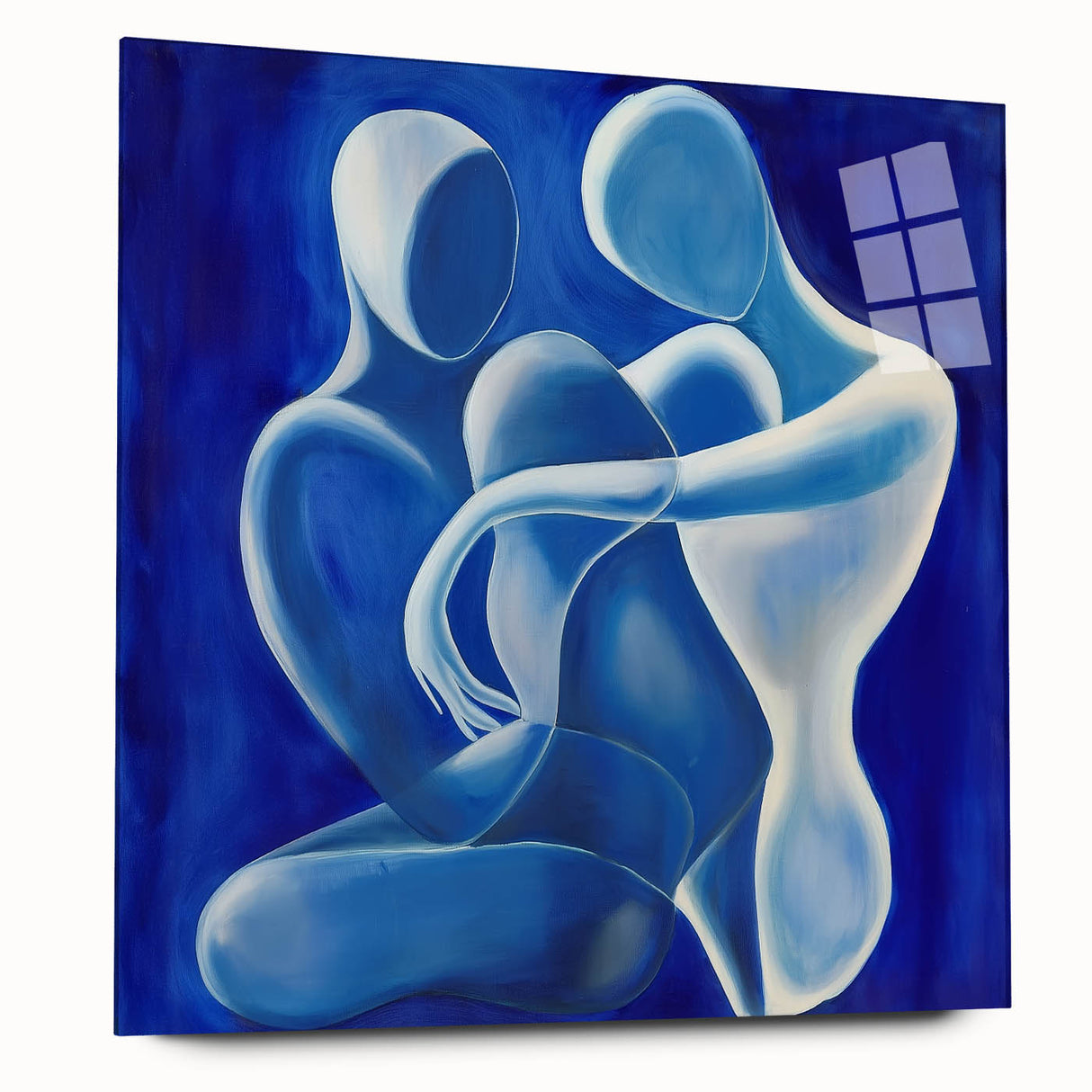 Abstract figurative acrylic artwork displayed in a striking glass frame, showcasing vibrant colors and fluid shapes from a side view, perfect for modern decor.