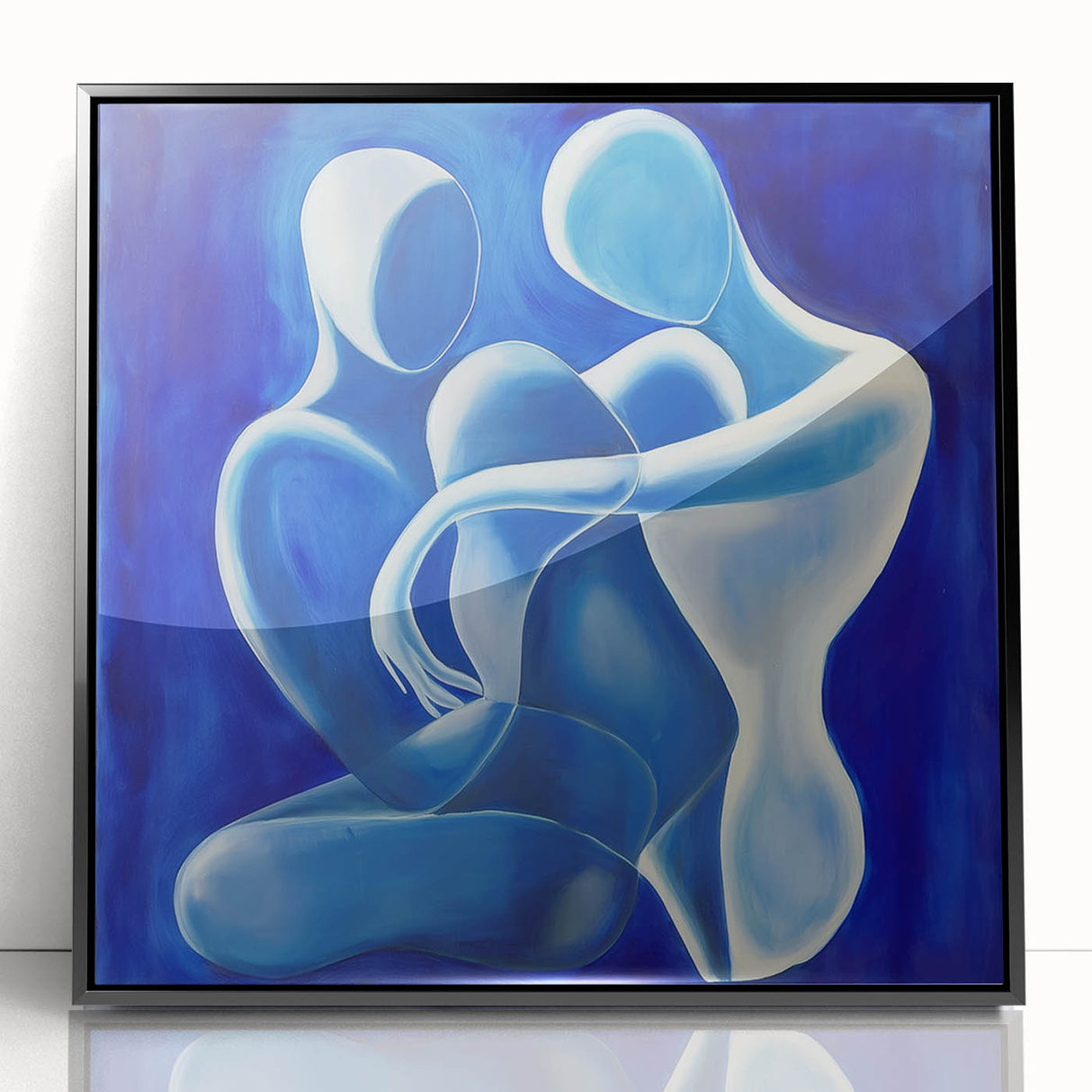 Abstract figurative artwork in a sleek black frame, showcasing vibrant colors and dynamic shapes, perfect for modern home decor or office aesthetics.