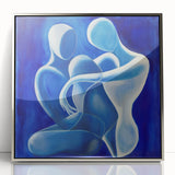 Framed abstract figurative artwork in silver acrylic, showcasing dynamic shapes and textures, perfect for modern home decor and art enthusiasts.