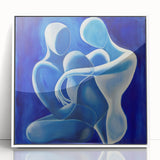 Framed abstract figurative art piece in white acrylic showcasing vibrant colors and dynamic shapes, perfect for modern home decor or artistic display.