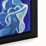 Close-up of a vibrant abstract figurative framed canvas artwork, showcasing rich colors and intricate details, perfect for modern home decor and artistic expression.
