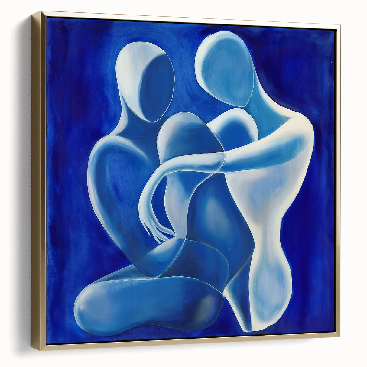 Abstract figurative framed canvas artwork in silver and gold tones, showcasing dynamic shapes and textures, ideal for modern home decor and artistic expression.