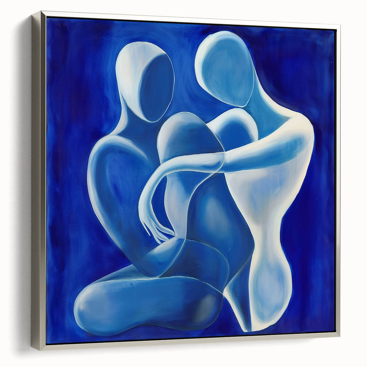 Abstract figurative framed canvas artwork showcasing a silver frame with intricate details, ideal for modern home decor, enhancing any living space with artistic flair.