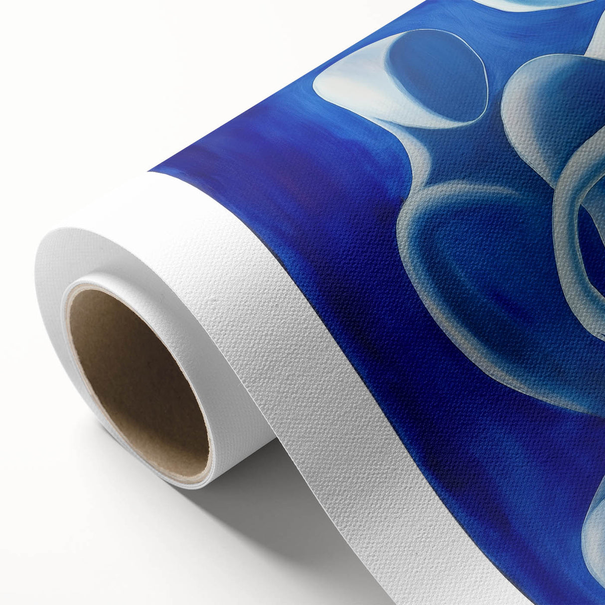 Abstract figurative rolled canvas artwork showcasing vibrant colors and dynamic shapes, ideal for modern decor, presented in a protective cardboard tube.