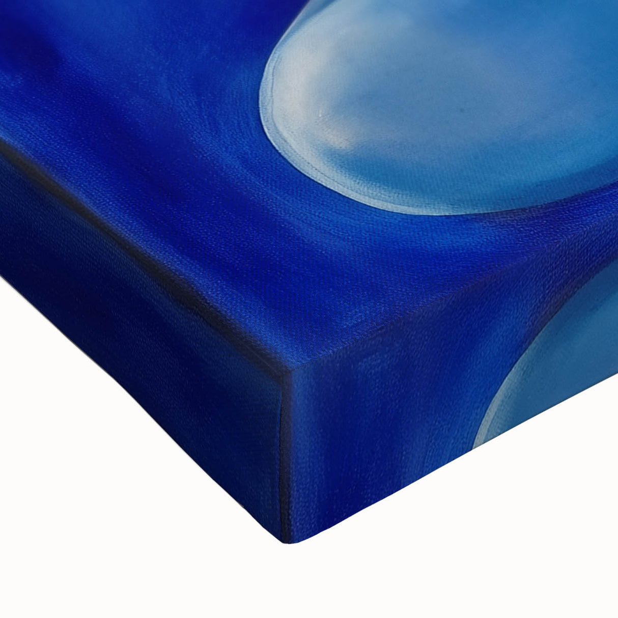 Close-up of a stretched canvas featuring an abstract figurative design with vibrant colors and intricate textures, ideal for modern home decor and artistic display.