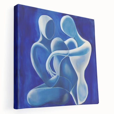 Abstract figurative stretched canvas artwork showcasing vibrant colors and dynamic shapes, displayed in a side view to highlight its depth and texture, ideal for modern decor.