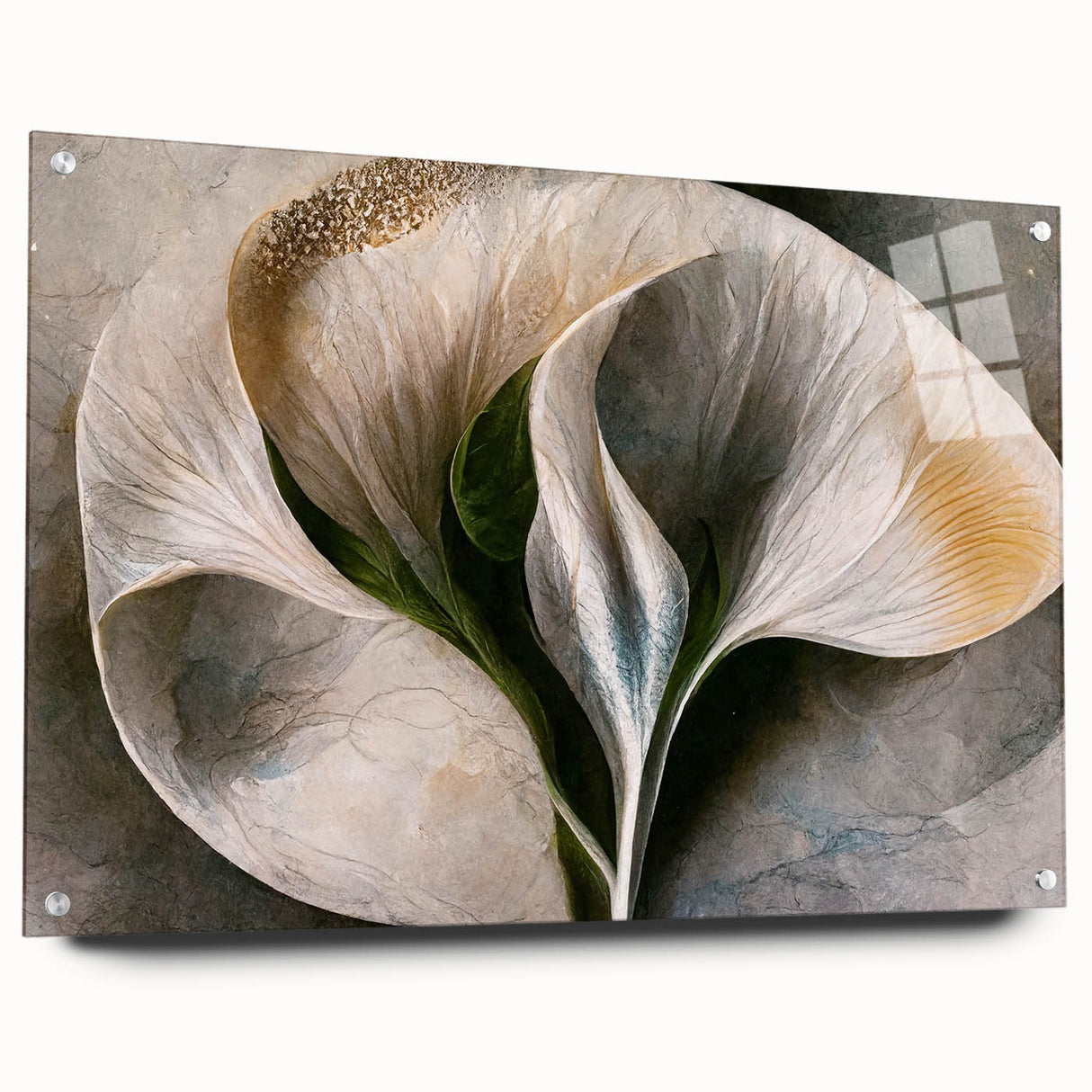 Abstract floral wall art displayed in a sleek acrylic frame, showcasing vibrant colors and intricate designs, perfect for modern home decor. Side view highlights pin details and glossy finish, enhancing visual appeal.