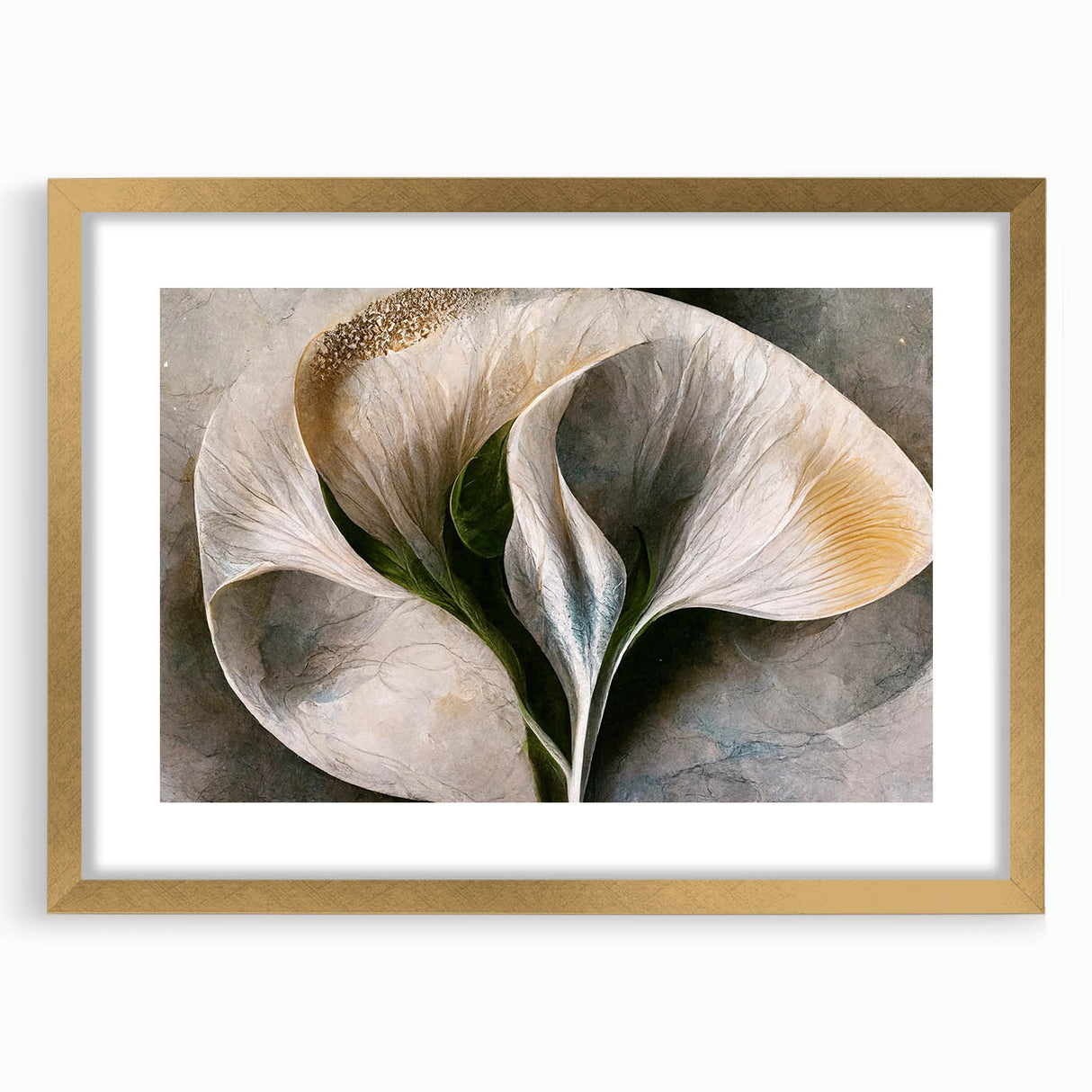 Abstract floral wall art framed in gold with a mat, showcasing vibrant colors and intricate designs. Ideal for modern home decor and artistic interiors.