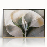 Framed abstract floral wall art in vibrant colors with gold accents, showcasing a contemporary design perfect for modern home decor. Ideal for living room or office spaces.