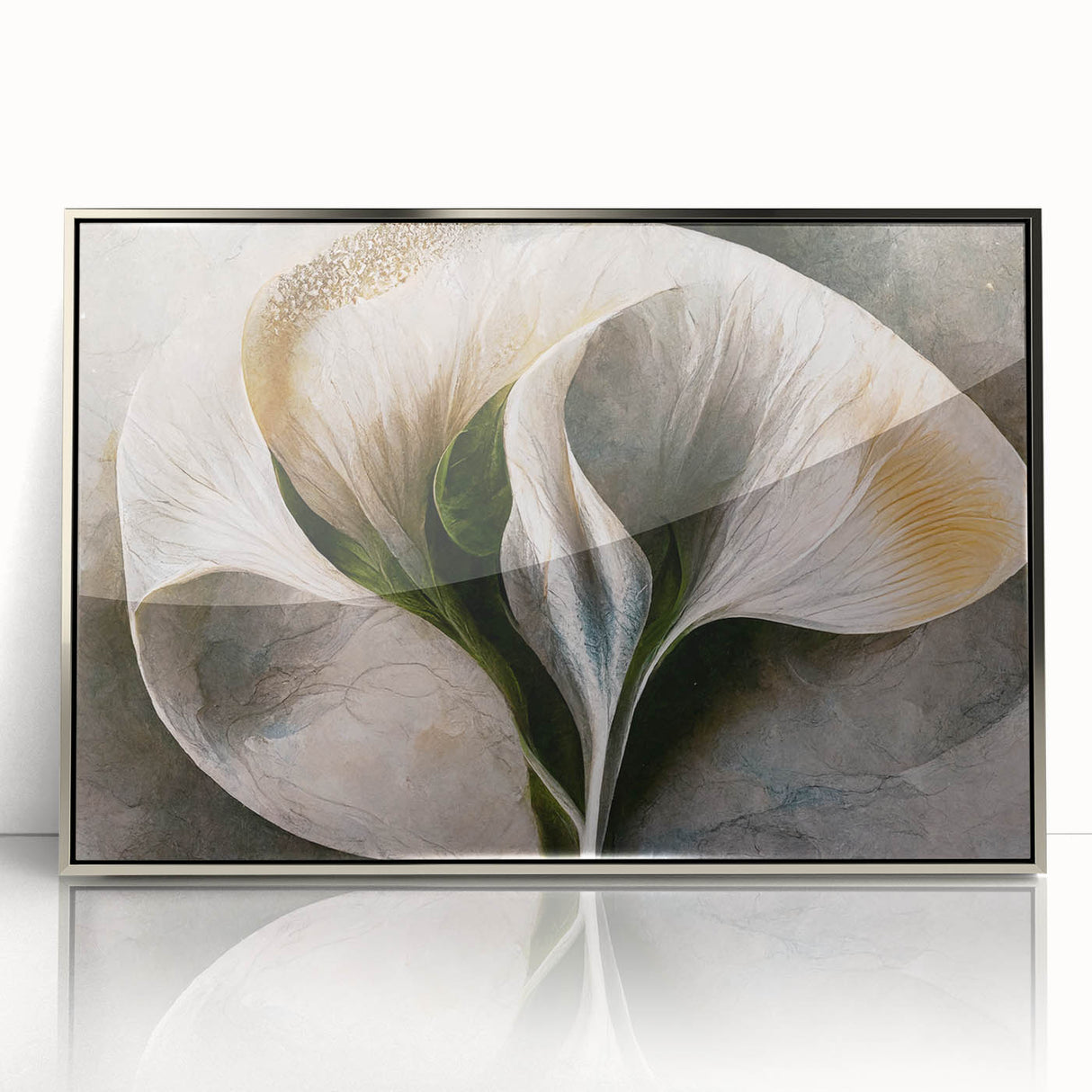Framed abstract floral wall art in silver acrylic, showcasing vibrant colors and intricate designs, perfect for modern home decor and artistic ambiance.