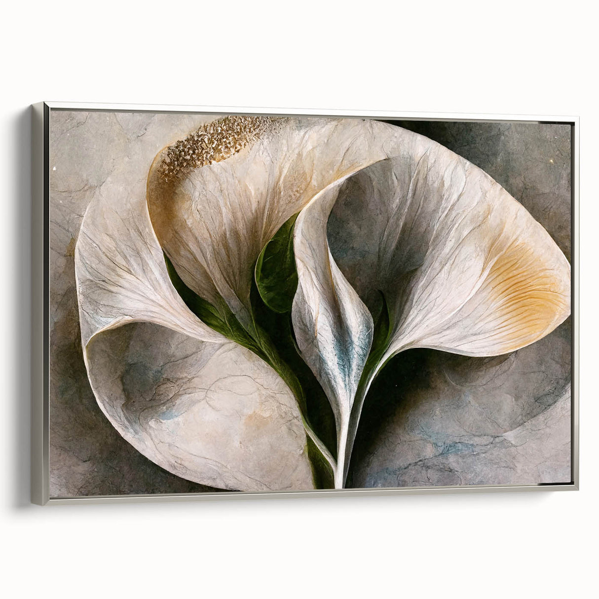 Framed canvas wall art displaying abstract floral designs in vibrant colors, with a sleek silver frame, highlighting elegance and modern aesthetics in home decor.