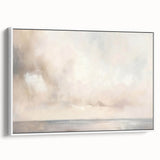 Framed abstract landscape wall art featuring soft hues of blue and beige, elegantly displayed from a side view with a white frame, perfect for modern decor.