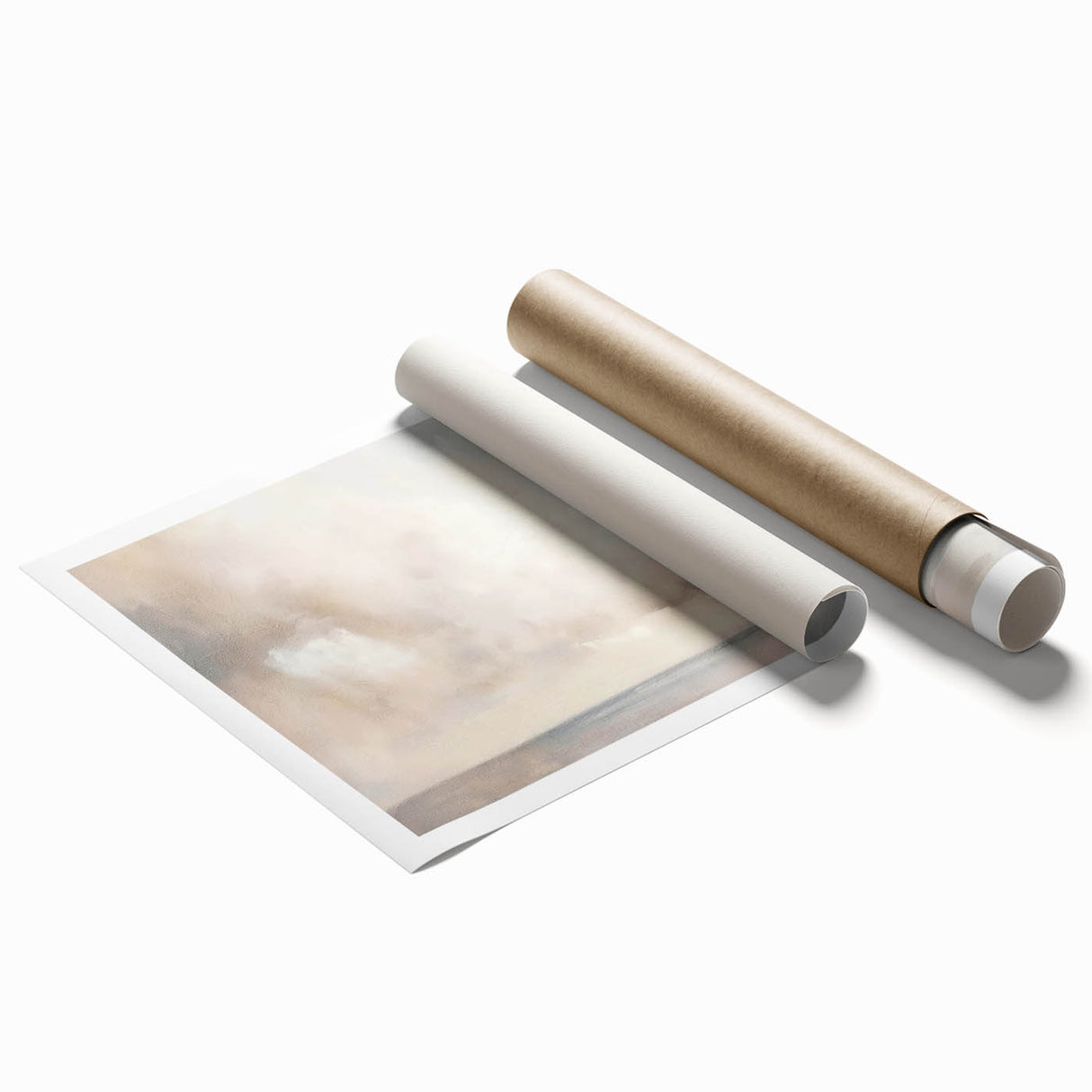 Abstract landscape wall art print showcasing vibrant hues of blue, orange, and green, rolled for easy shipping in a protective cardboard tube, ideal for modern decor.