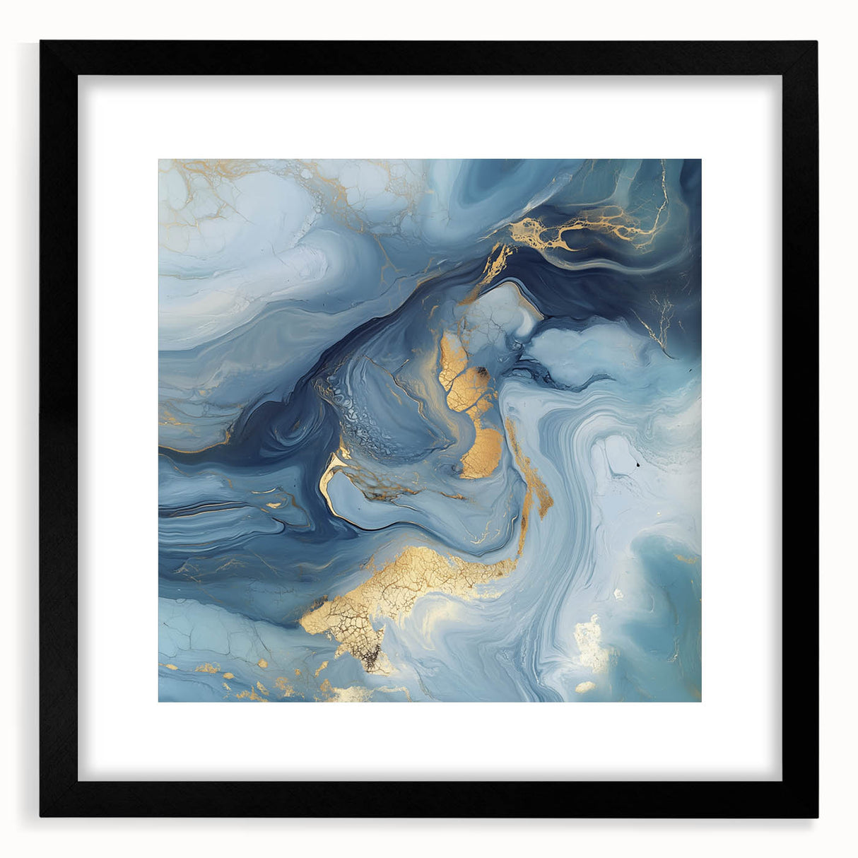 Fluid Abstract Wall Art – Sky Blue, Navy & Gold Marble-Inspired Canvas