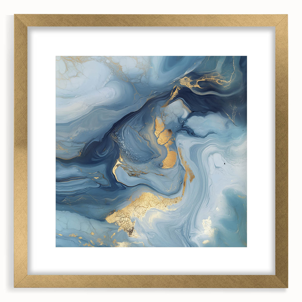Fluid Abstract Wall Art – Sky Blue, Navy & Gold Marble-Inspired Canvas