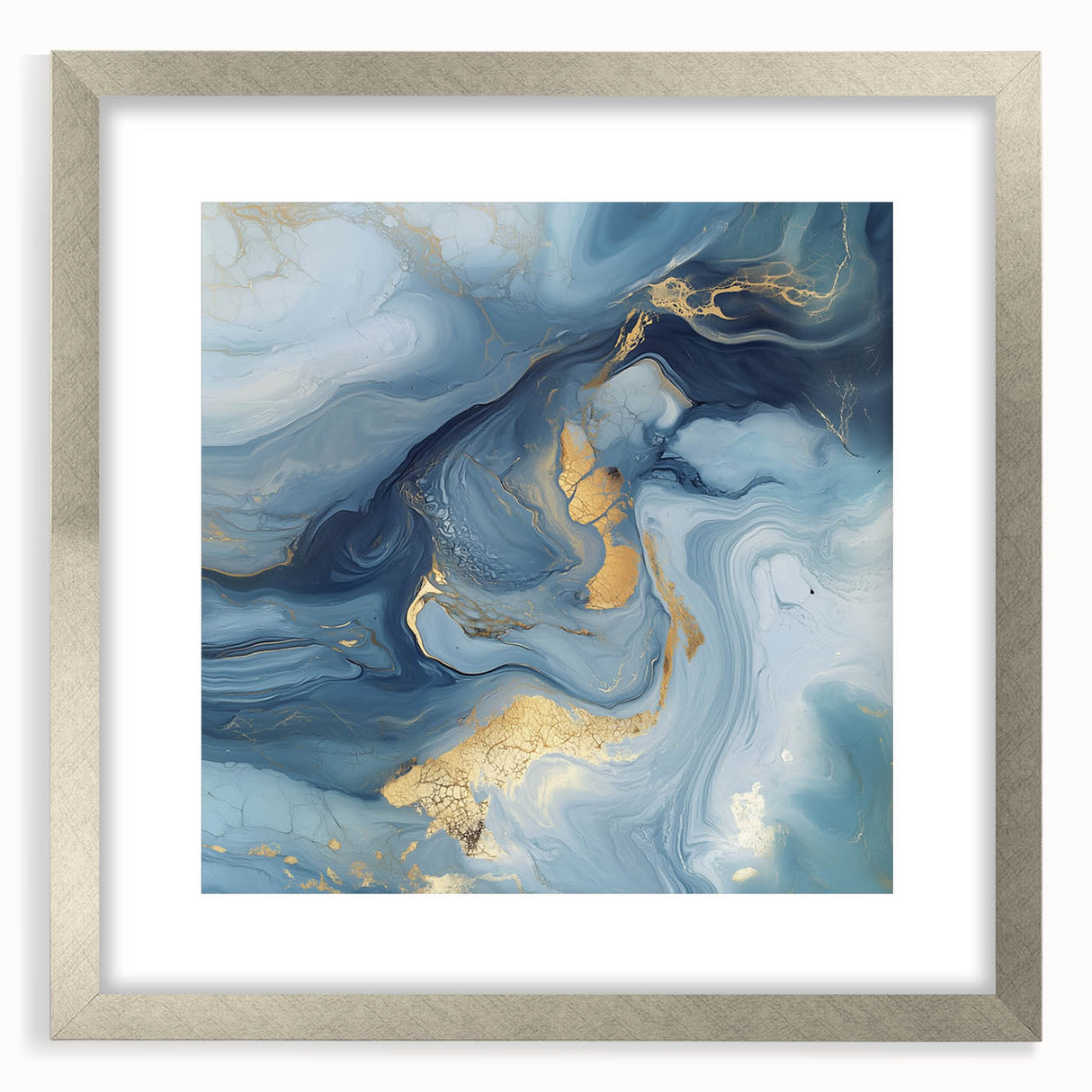 Fluid Abstract Wall Art – Sky Blue, Navy & Gold Marble-Inspired Canvas