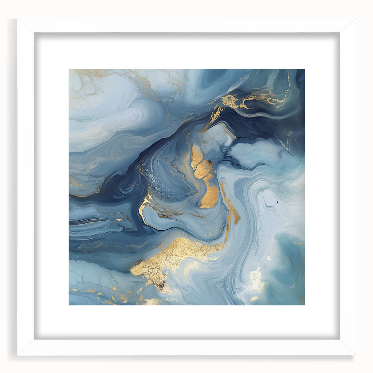 Fluid Abstract Wall Art – Sky Blue, Navy & Gold Marble-Inspired Canvas