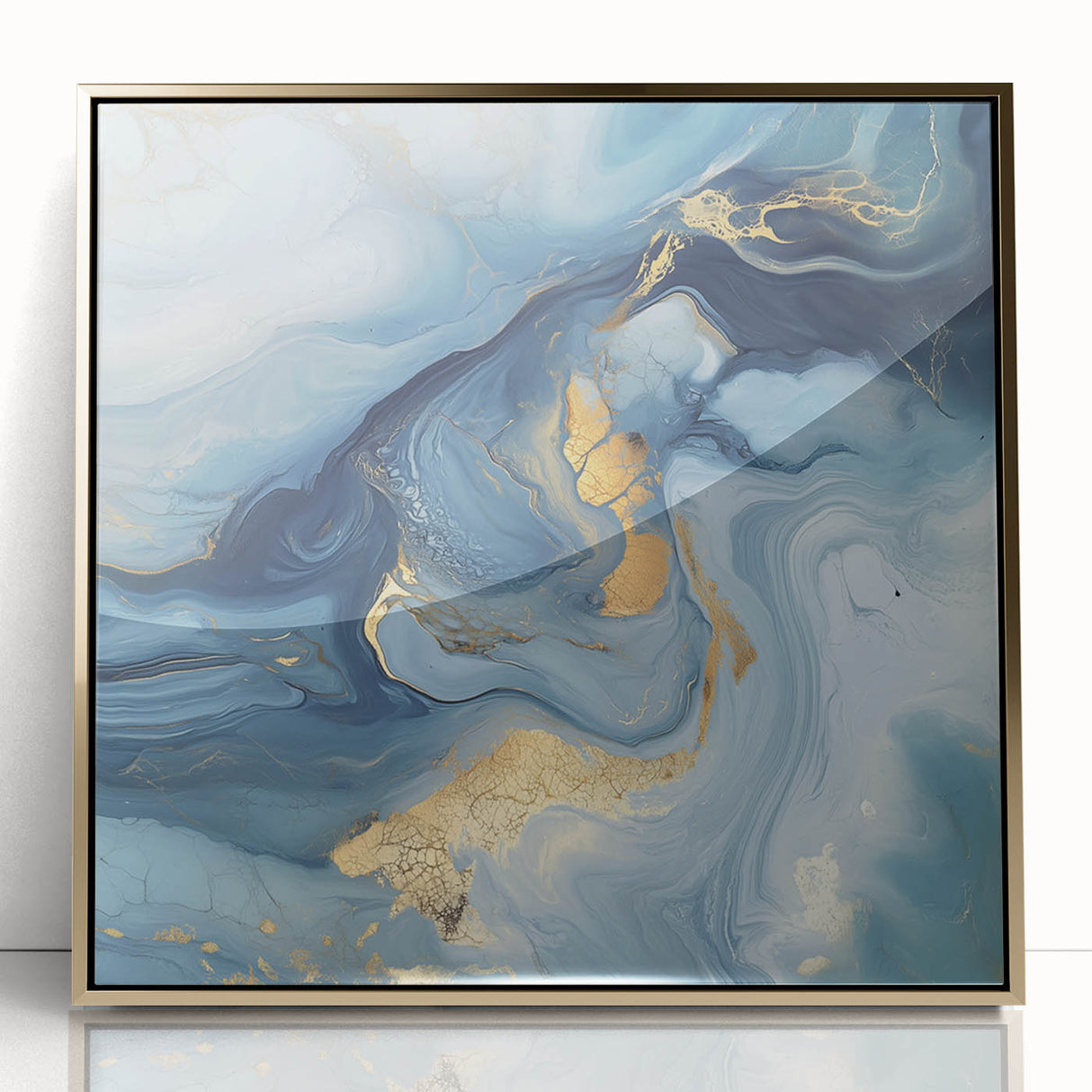 Fluid Abstract Wall Art – Sky Blue, Navy & Gold Marble-Inspired Canvas