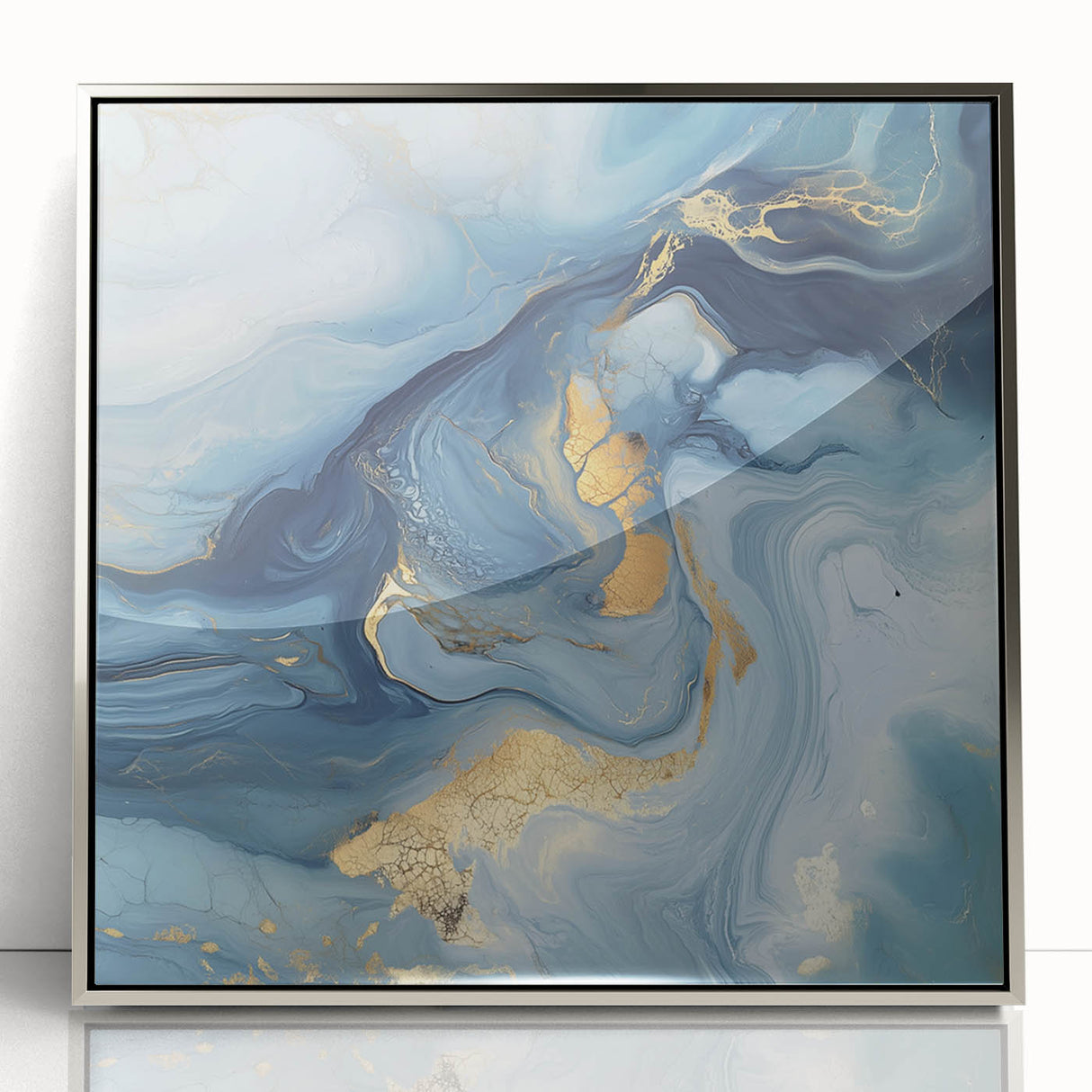 Fluid Abstract Wall Art – Sky Blue, Navy & Gold Marble-Inspired Canvas
