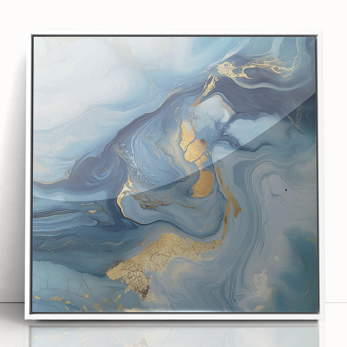 Fluid Abstract Wall Art – Sky Blue, Navy & Gold Marble-Inspired Canvas