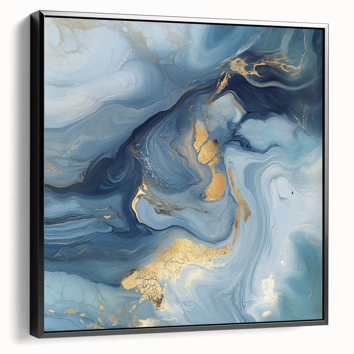 Fluid Abstract Wall Art – Sky Blue, Navy & Gold Marble-Inspired Canvas