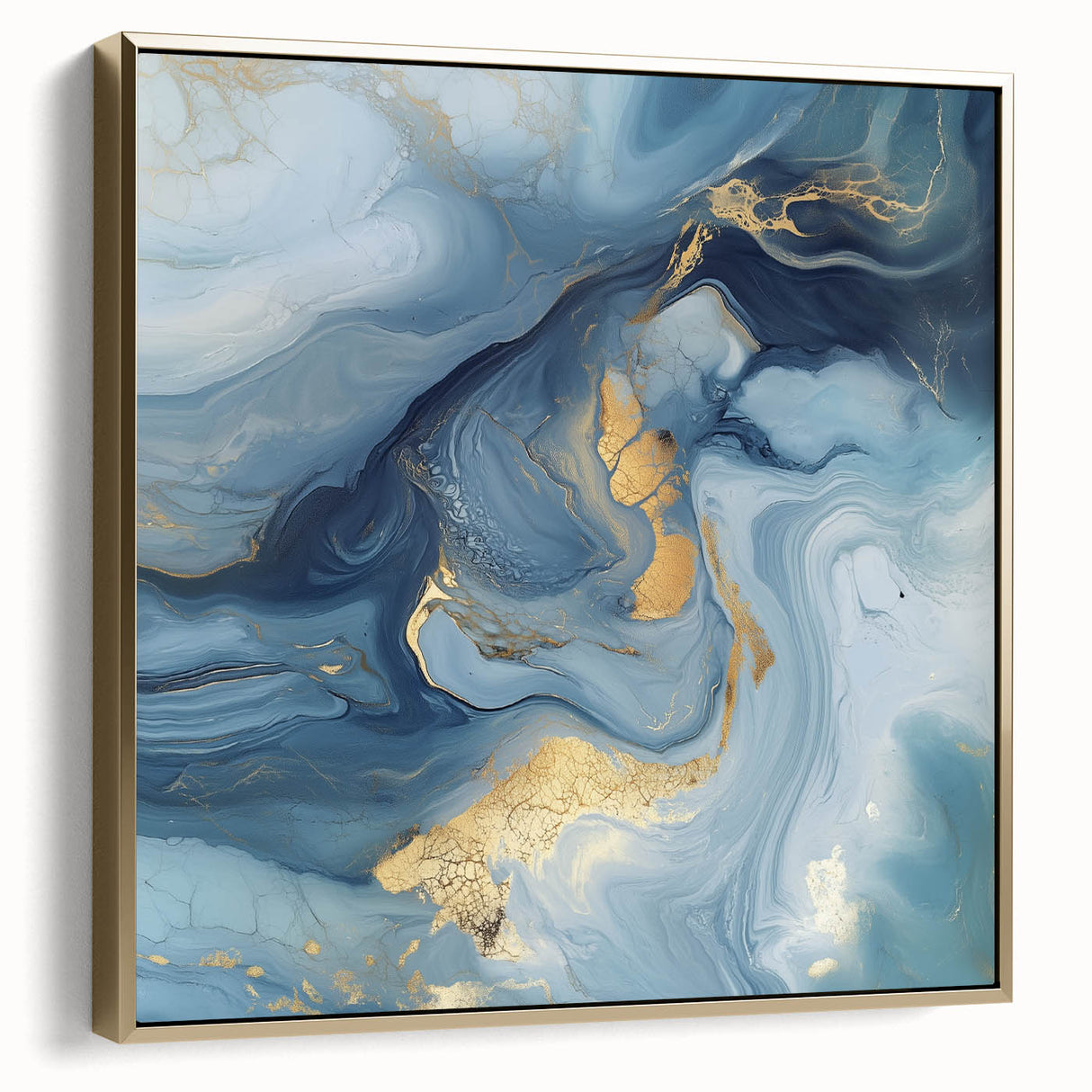 Fluid Abstract Wall Art – Sky Blue, Navy & Gold Marble-Inspired Canvas
