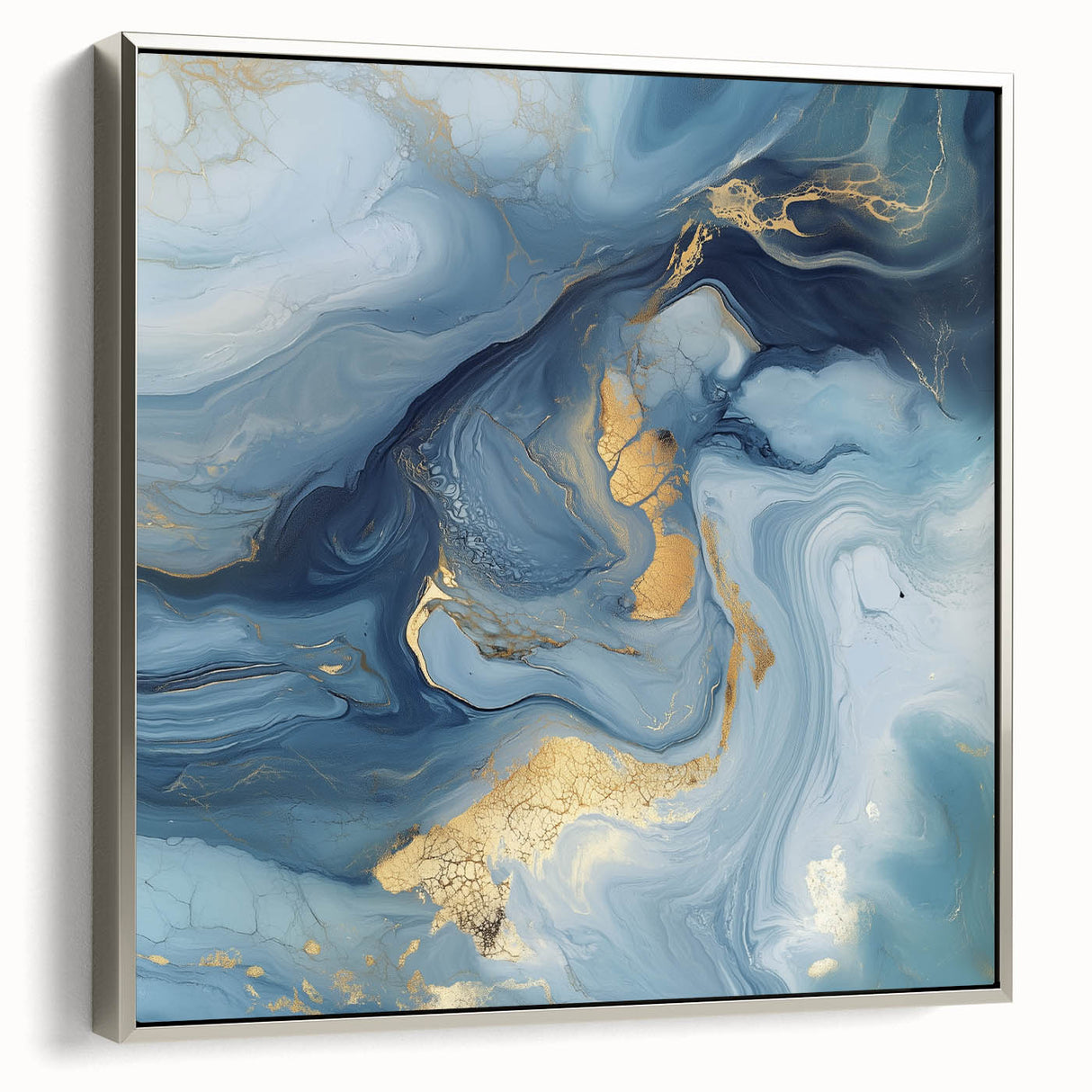 Fluid Abstract Wall Art – Sky Blue, Navy & Gold Marble-Inspired Canvas