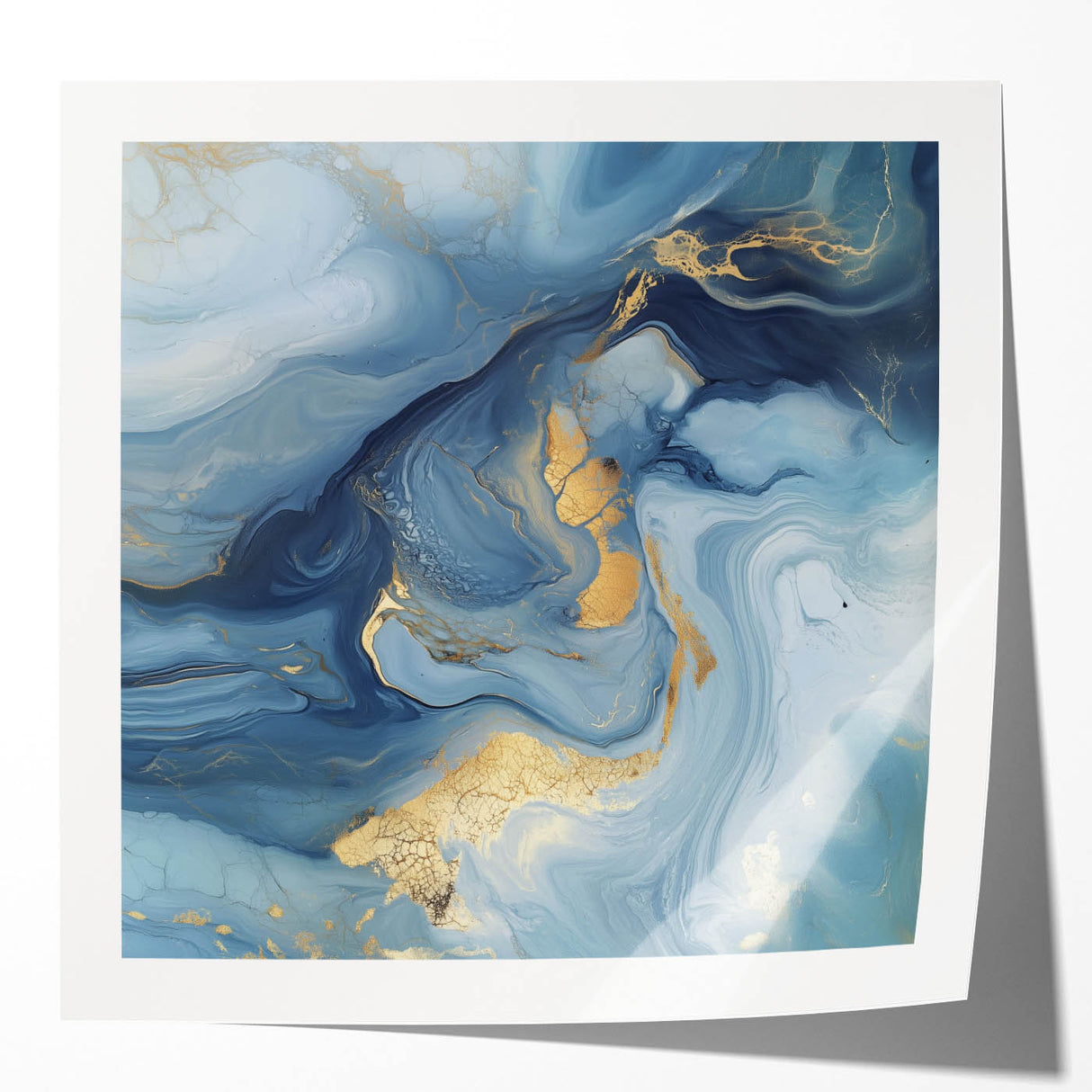 Fluid Abstract Wall Art – Sky Blue, Navy & Gold Marble-Inspired Canvas