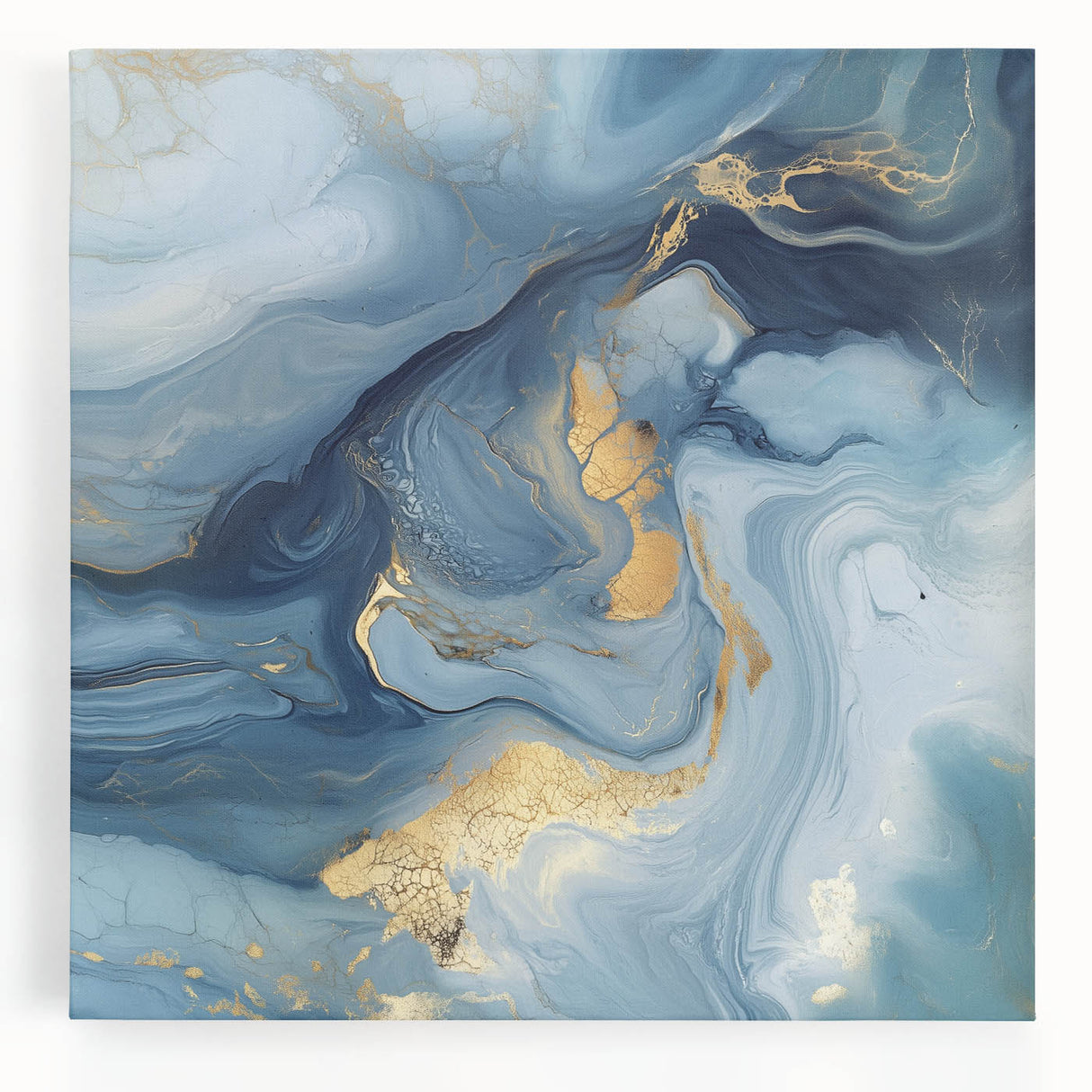 Fluid Abstract Wall Art – Sky Blue, Navy & Gold Marble-Inspired Canvas