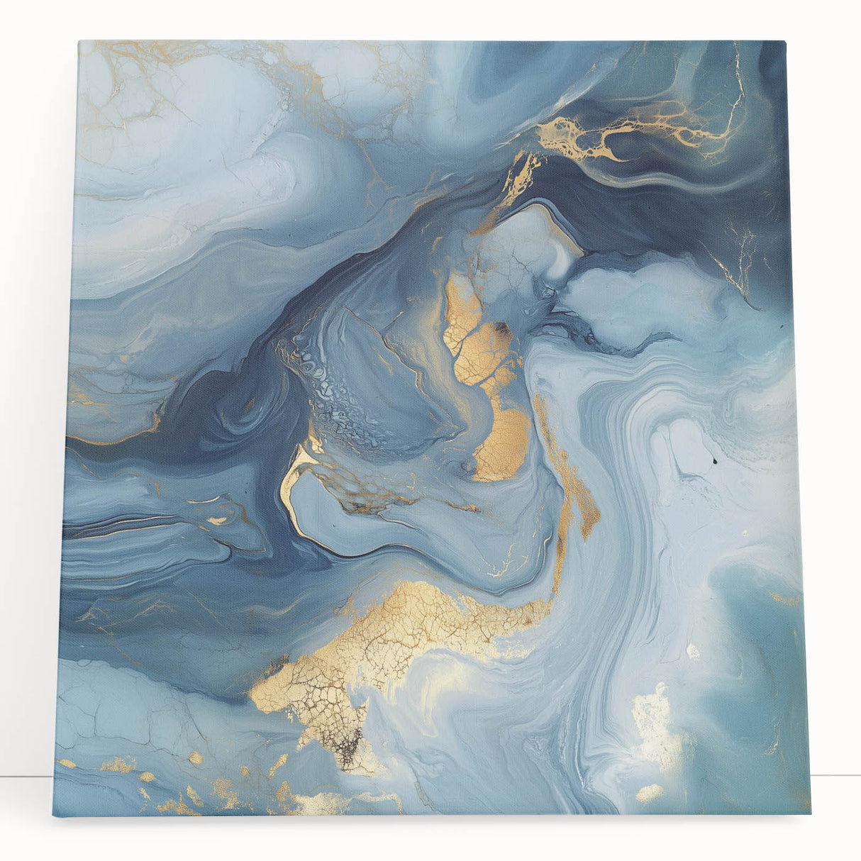 Fluid Abstract Wall Art – Sky Blue, Navy & Gold Marble-Inspired Canvas