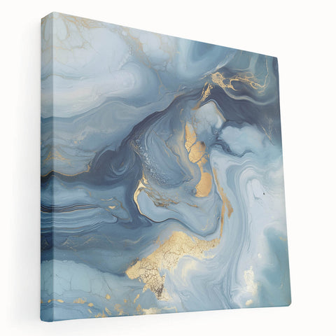 Fluid Abstract Wall Art – Sky Blue, Navy & Gold Marble-Inspired Canvas