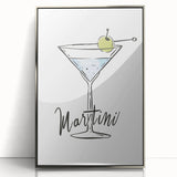 Large art print of colorful mid-century modernist food and drinks on silver-framed acrylic.