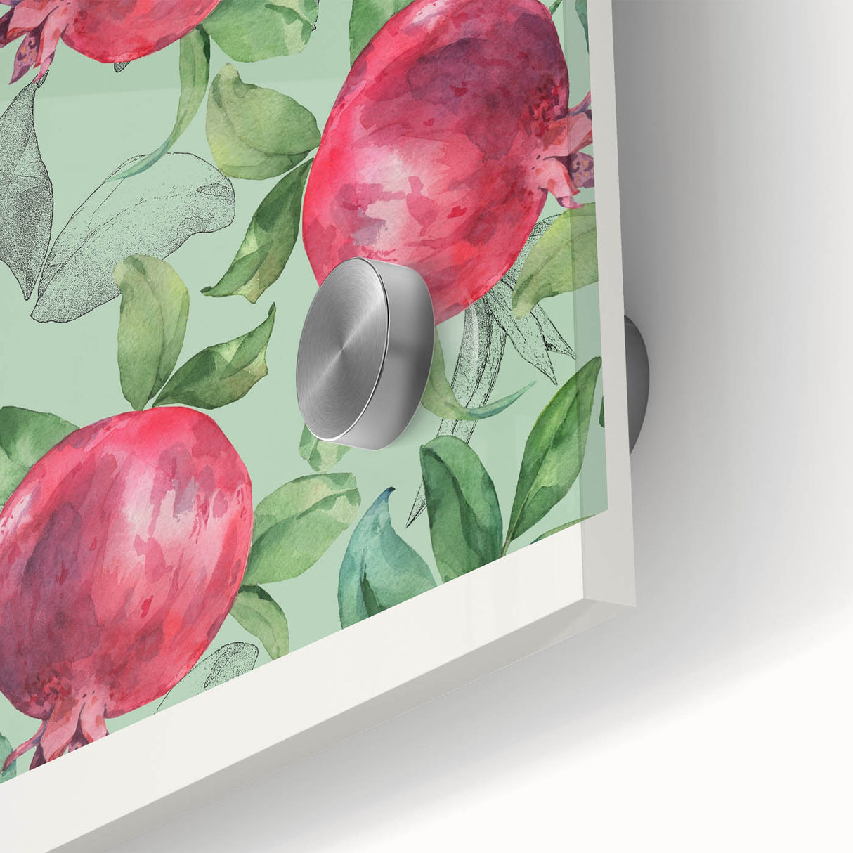 Close-up of large abstract fruit-themed art print on acrylic glass, featuring vibrant, multicolored palette.