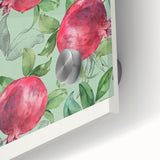 Close-up of large abstract fruit-themed art print on acrylic glass, featuring vibrant, multicolored palette.