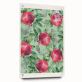 Large abstract wall art featuring assorted fruits in vibrant colors on acrylic glass, suitable for dining room decor.