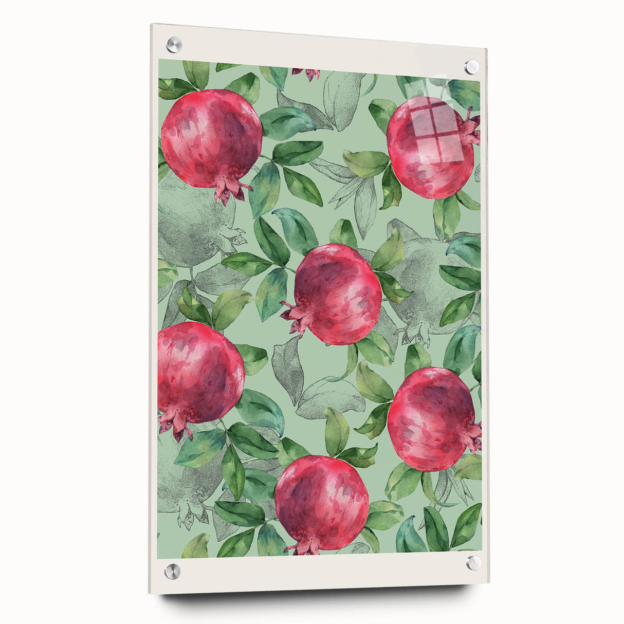 Large abstract wall art featuring assorted fruits in vibrant colors on acrylic glass, suitable for dining room decor.