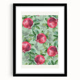 Extra large abstract art print of colorful, textured fruits on a black framed canvas, ideal for living room decor.