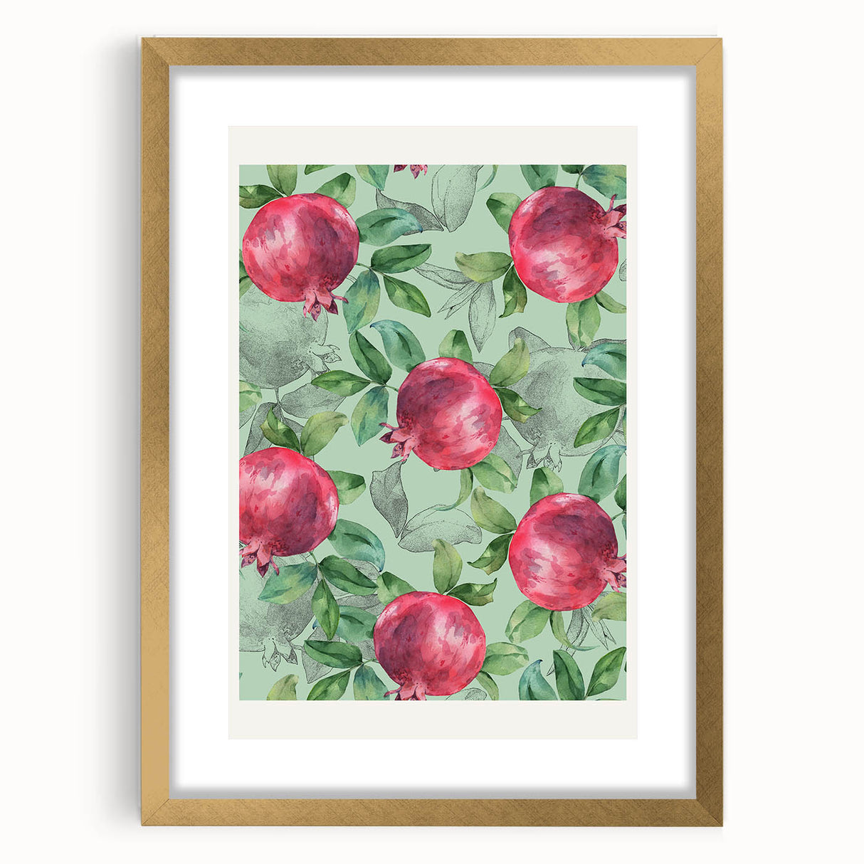 Extra large abstract art print featuring textured fruits in vibrant colors, framed with a gold mat.