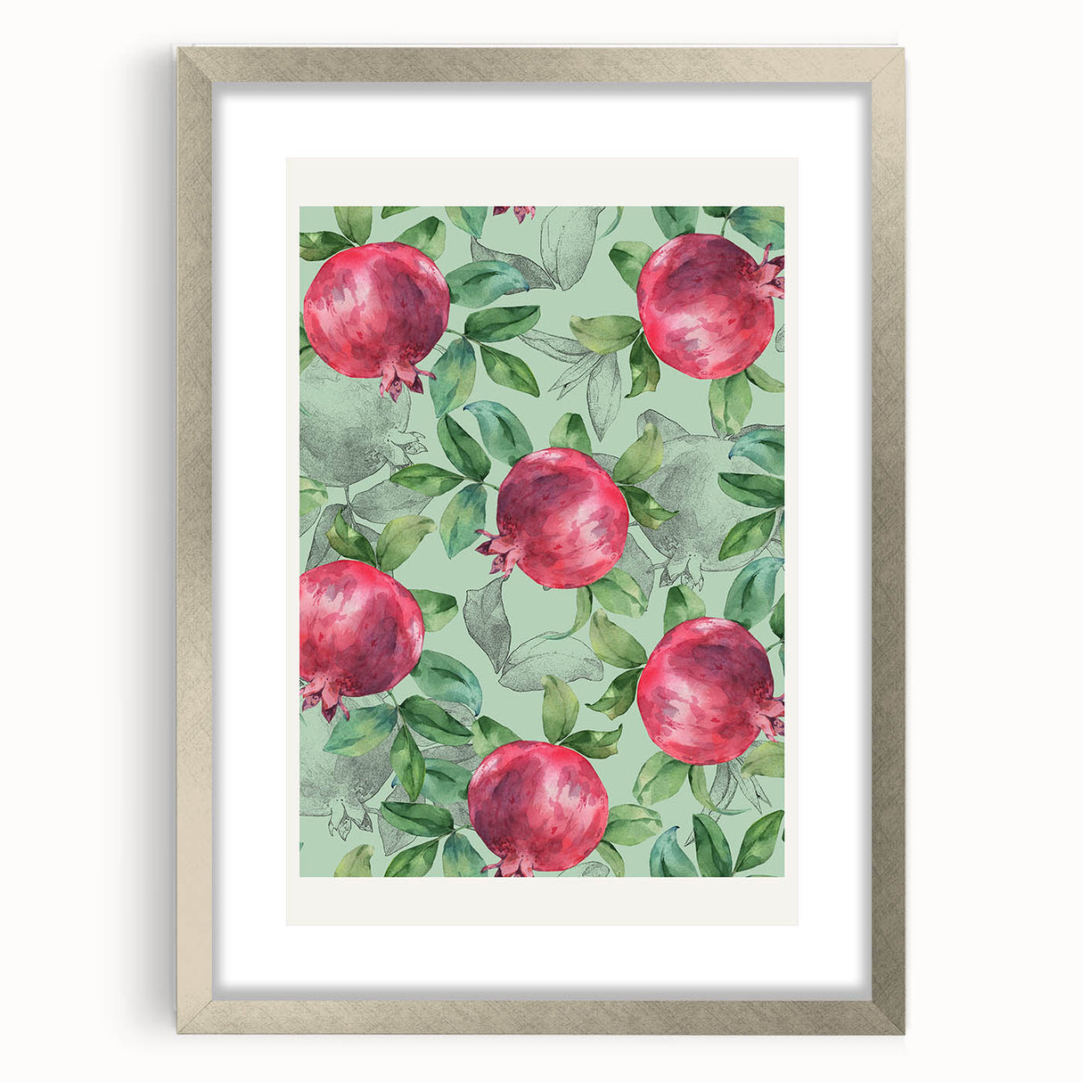 Textured art print featuring abstract fruits in vibrant colors on a silver-framed canvas, ideal for bedroom decor.