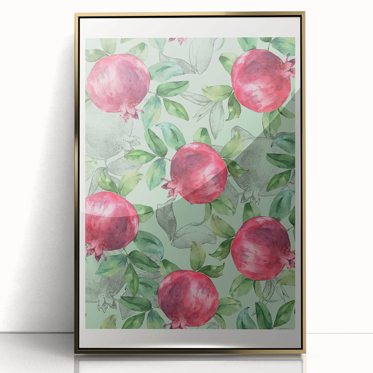 Large art print of assorted fruits in bold colors on a gold framed acrylic, fitting for modern nursery decor.