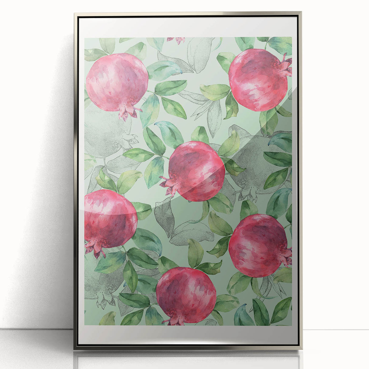 Mid-century modernist art depicting assorted fruits in vibrant colors on a silver-framed acrylic print.