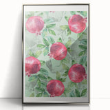 Mid-century modernist art depicting assorted fruits in vibrant colors on a silver-framed acrylic print.