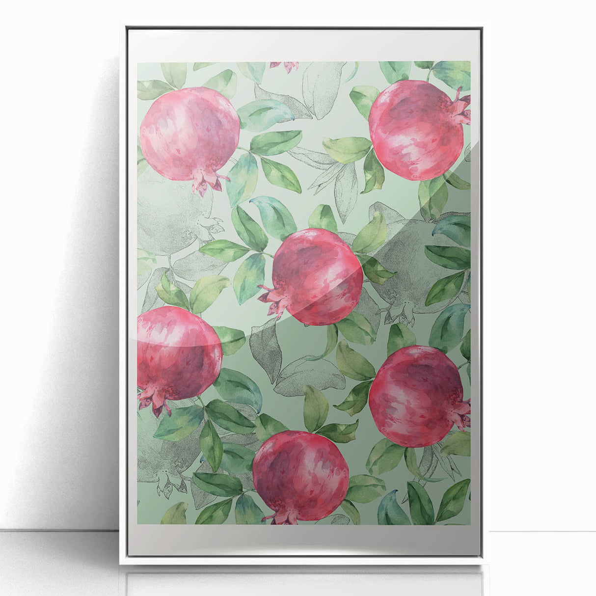 Acrylic print of colorful fruits in art deco style, framed in white, suitable for modern nursery decor.