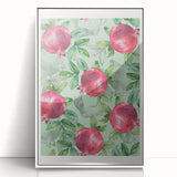 Acrylic print of colorful fruits in art deco style, framed in white, suitable for modern nursery decor.