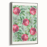 Landscape art painting featuring a colorful array of fruits on a black background, framed in silver.