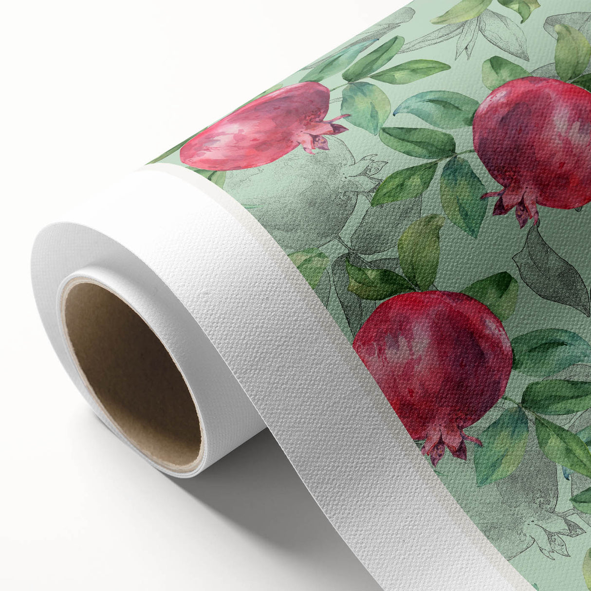 Art Deco poster featuring assorted fruits in vibrant colors on a rolled canvas.